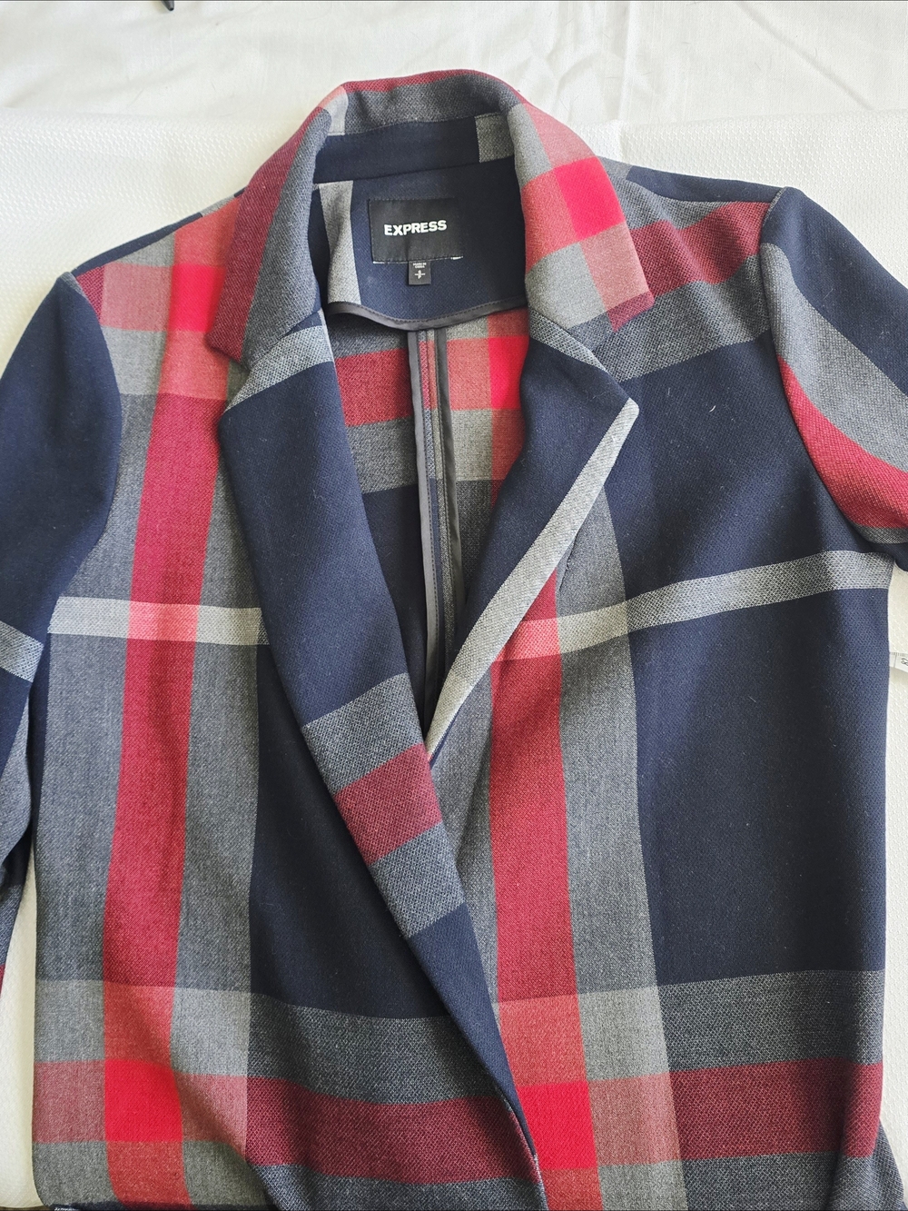 Express Navy Plaid Trenchcoat with Red and Gray Stripes Sz SP